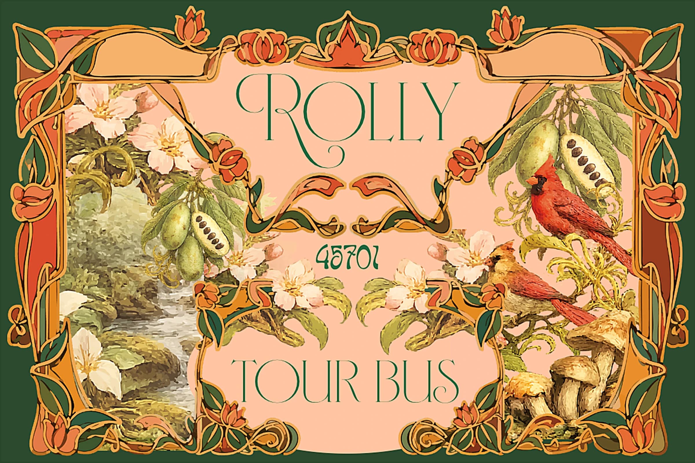 Rolly Tour Bus logo — Art Nouveau cardinals, pawpaws, and mushrooms, marked 45701